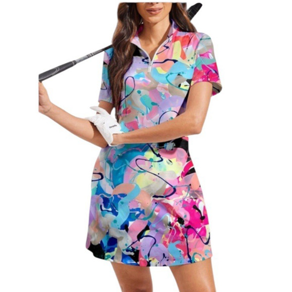 ACEGOLFS Women Plus Size 2XL Multicolor 1/4 Zip Short Sleeve Pullover Dress NWOT - Picture 2 of 10